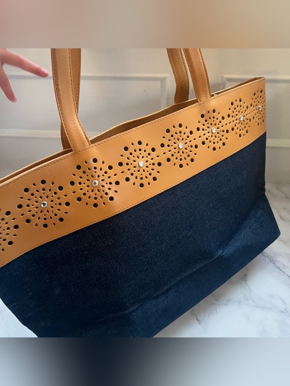 Berge denim and leather boho Tote Bag with Decorative Cutouts